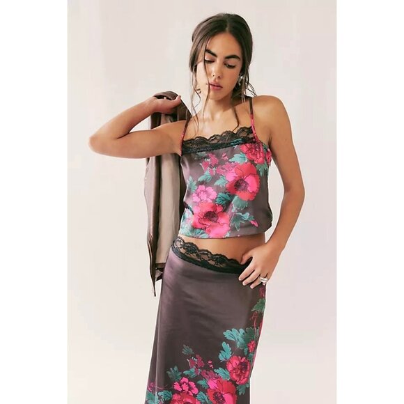 Free People Salvatore Set Womens S Floral Romance Coquette 90s Lace Satin Brown - Picture 1 of 10